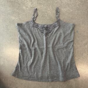 Vintage Y2K Embellished Mcbling Grey Cami Lace Tank Top Large